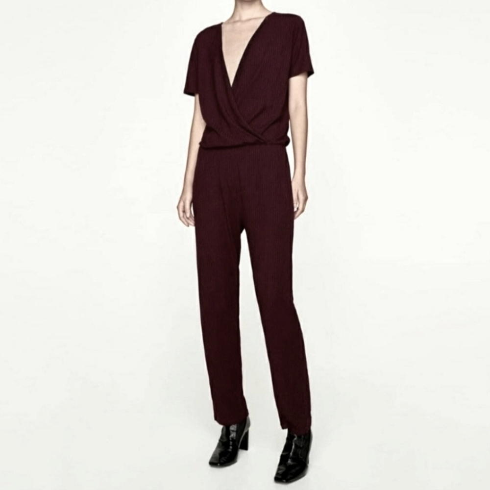 Zara Ribbed Faux Wrap Criss Cross Front Elegant Black One Piece Jumpsuit